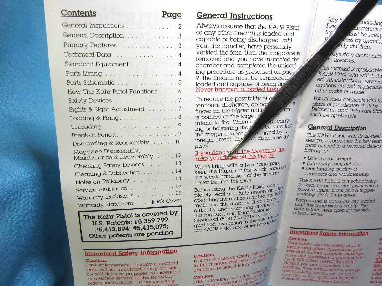 KAHR MK9 Original Owners Instruction Safety Manual & Papers - dated 1997 5