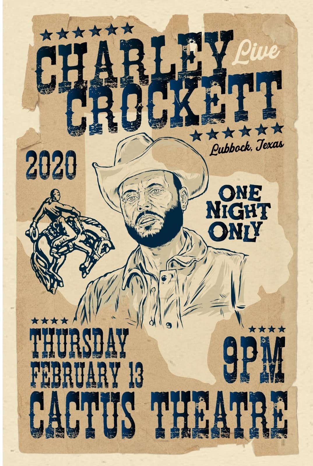 Charley Crockett concert poster - 2020 - Texas show - country music