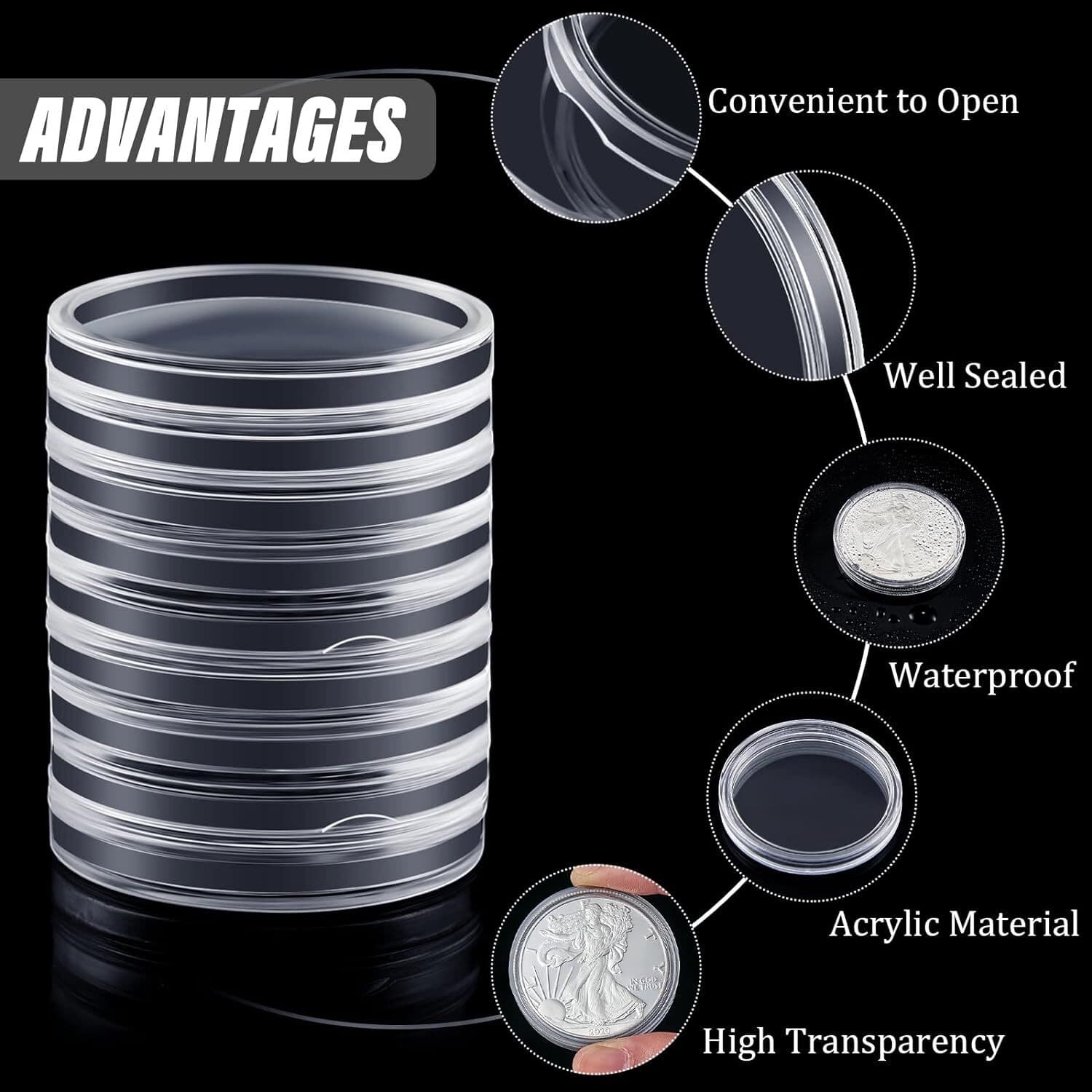 50X Coin Holder Capsules Case 40.6mm Clear for 1 Oz Silver Dollar w/ Storage Box 4