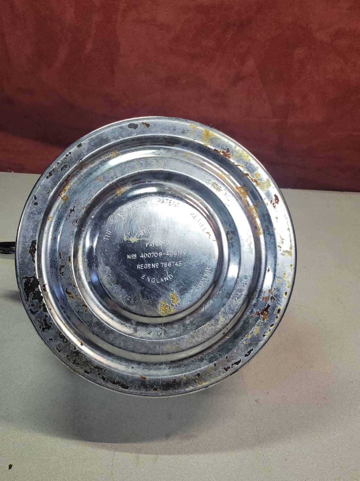 The SIMPLEX Patent Whistling Tea Kettle Solid Copper Chrome England Wood Handle 3