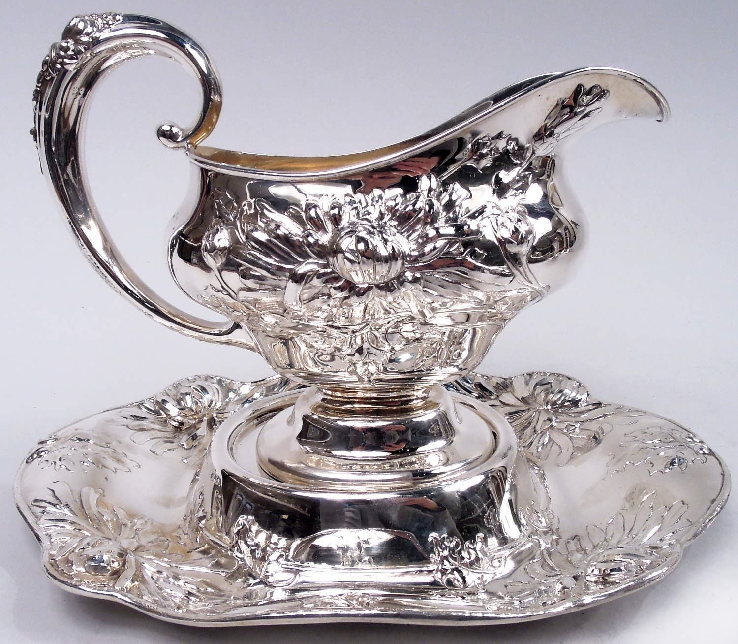 Alvin Gravy Boat Stand 2996 Chrysanthemum Sauce American Sterling Silver 4