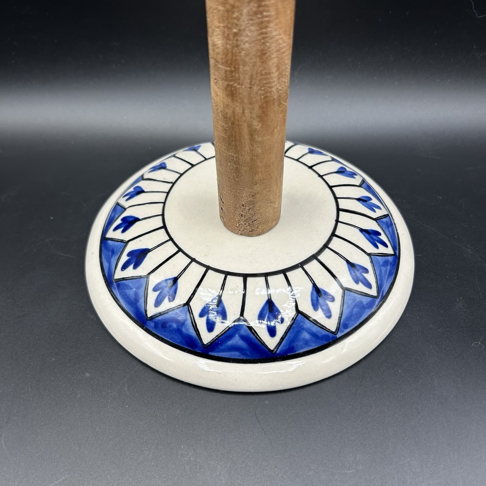 Blue & White Hand painted Ceramic and Wood Paper Towel Freestanding Holder 13" 3