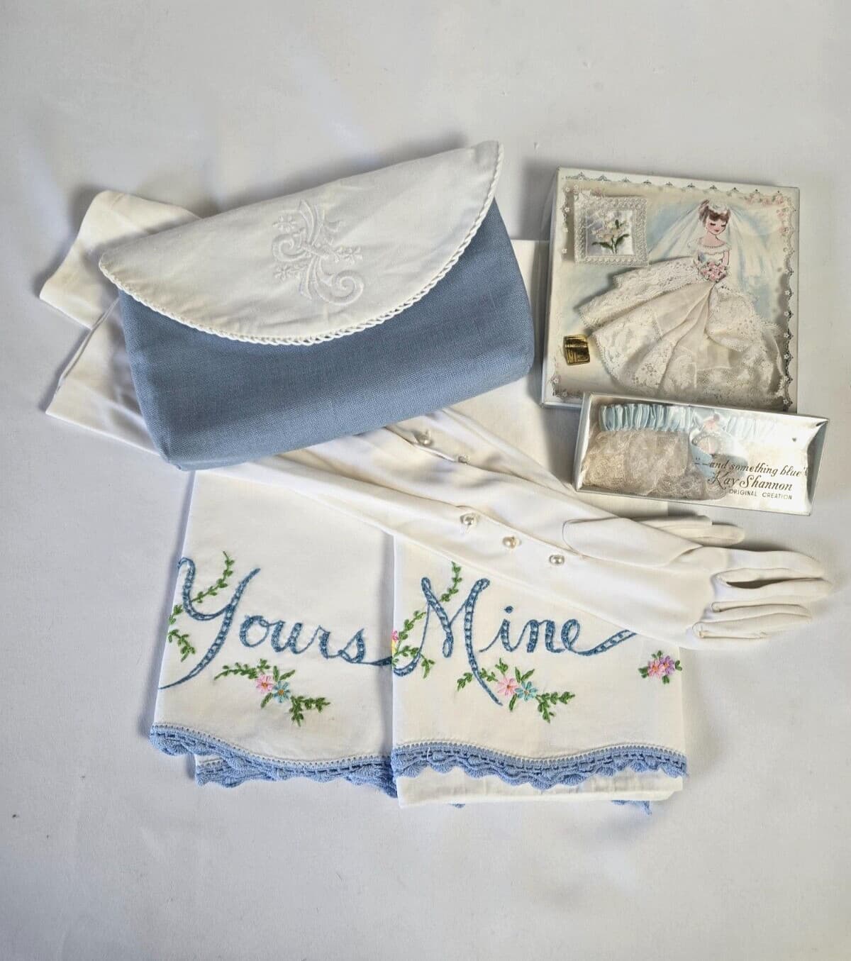 Something Blue Bridal Keepsake Bundle Purse, Gloves, Garter, Hanky & Pillow Case