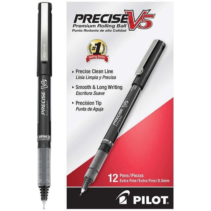12 Pack - Pilot Precise V5 Stick Rolling Ball Pens, Precision Point Ink, .5mm