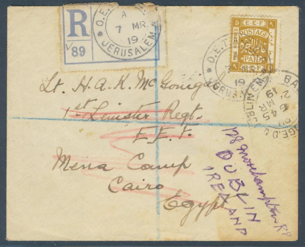 PALESTINE Israel to EGYPT to ENGLAND to IRELAND 1918 9 Pi Typo R Cover JERUSALEM