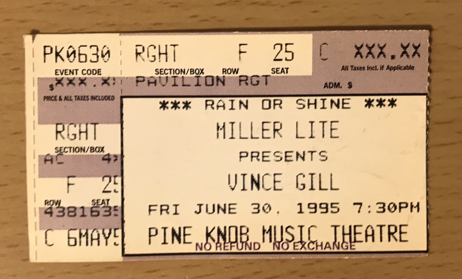 1995 VINCE GILL / SHELBY LYNNE PINE KNOB DETROIT CONCERT TICKET STUB F25