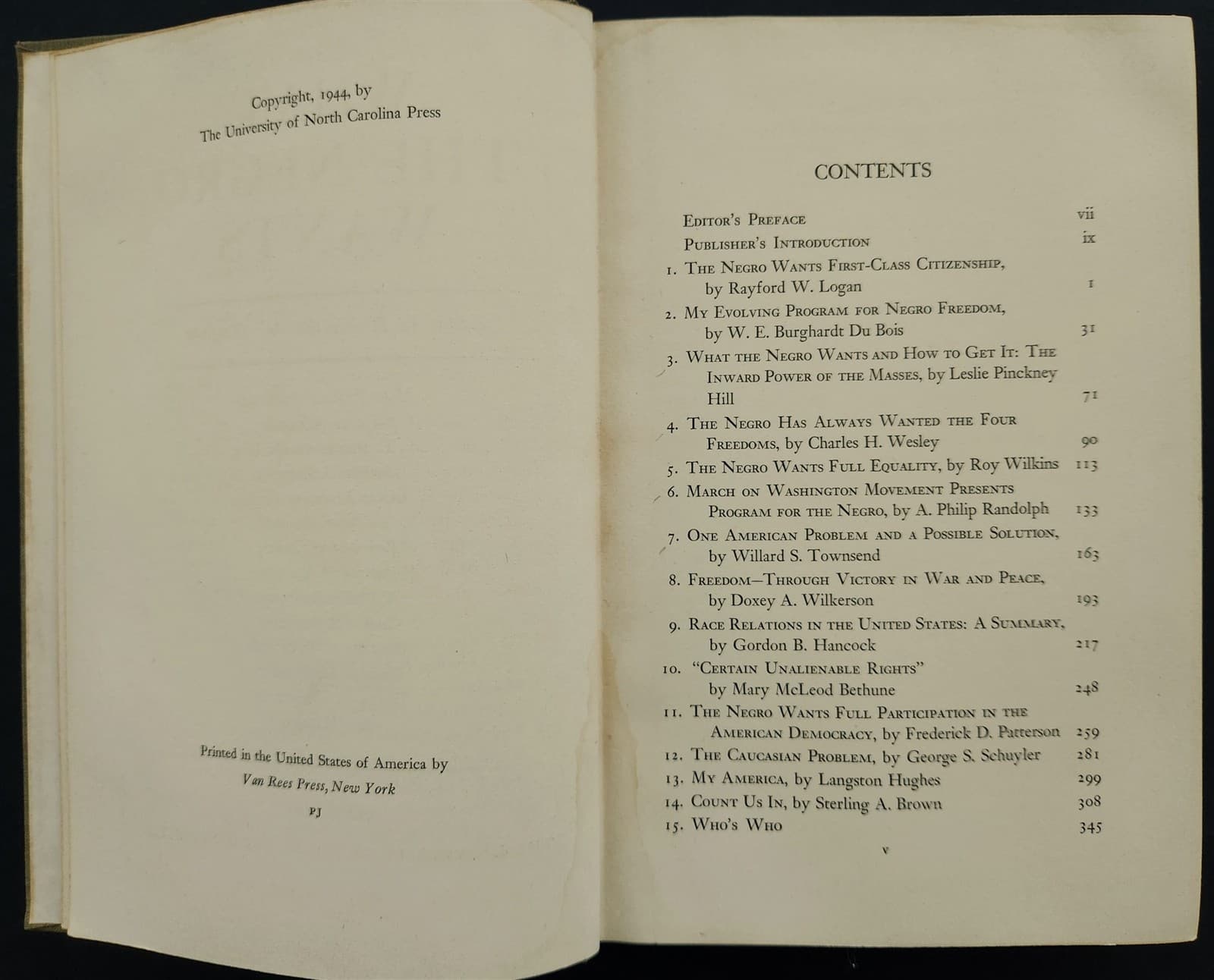 1944 vintage WHAT THE NEGRO WANTS BOOK equality 1st class citizenship 4 freedoms 3
