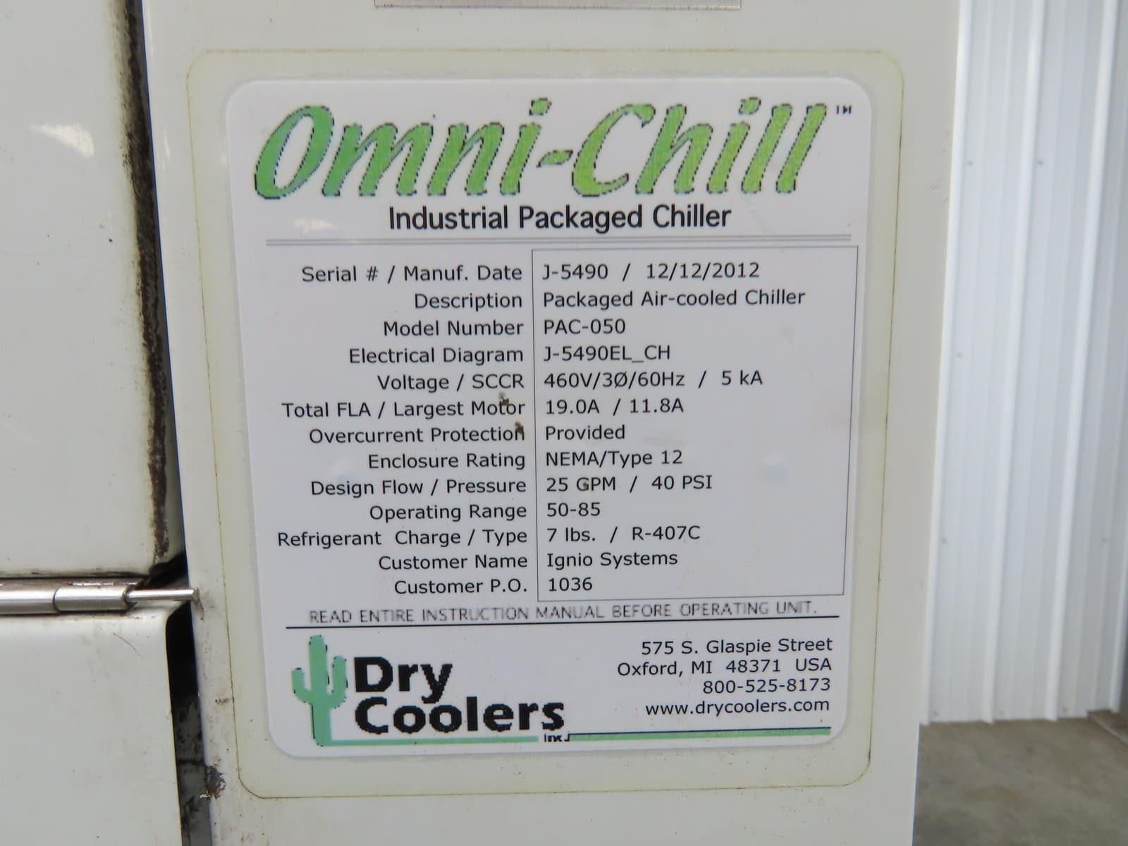 Dry Coolers PAC-050 Onmi Chiller Cooling Oil Chiller Air Cooled 480V 3Ph 25 GPM 2