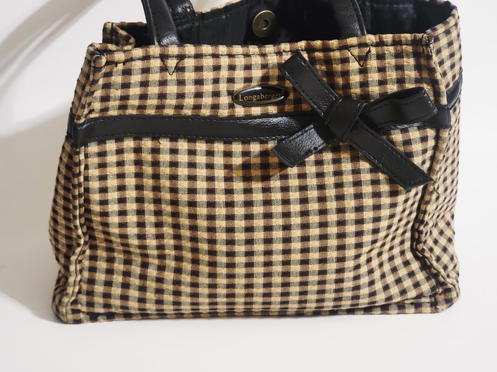 Longaberger Homestead Black & Tan Gingham Mini Tote Lunch Tote 10x8x4 4