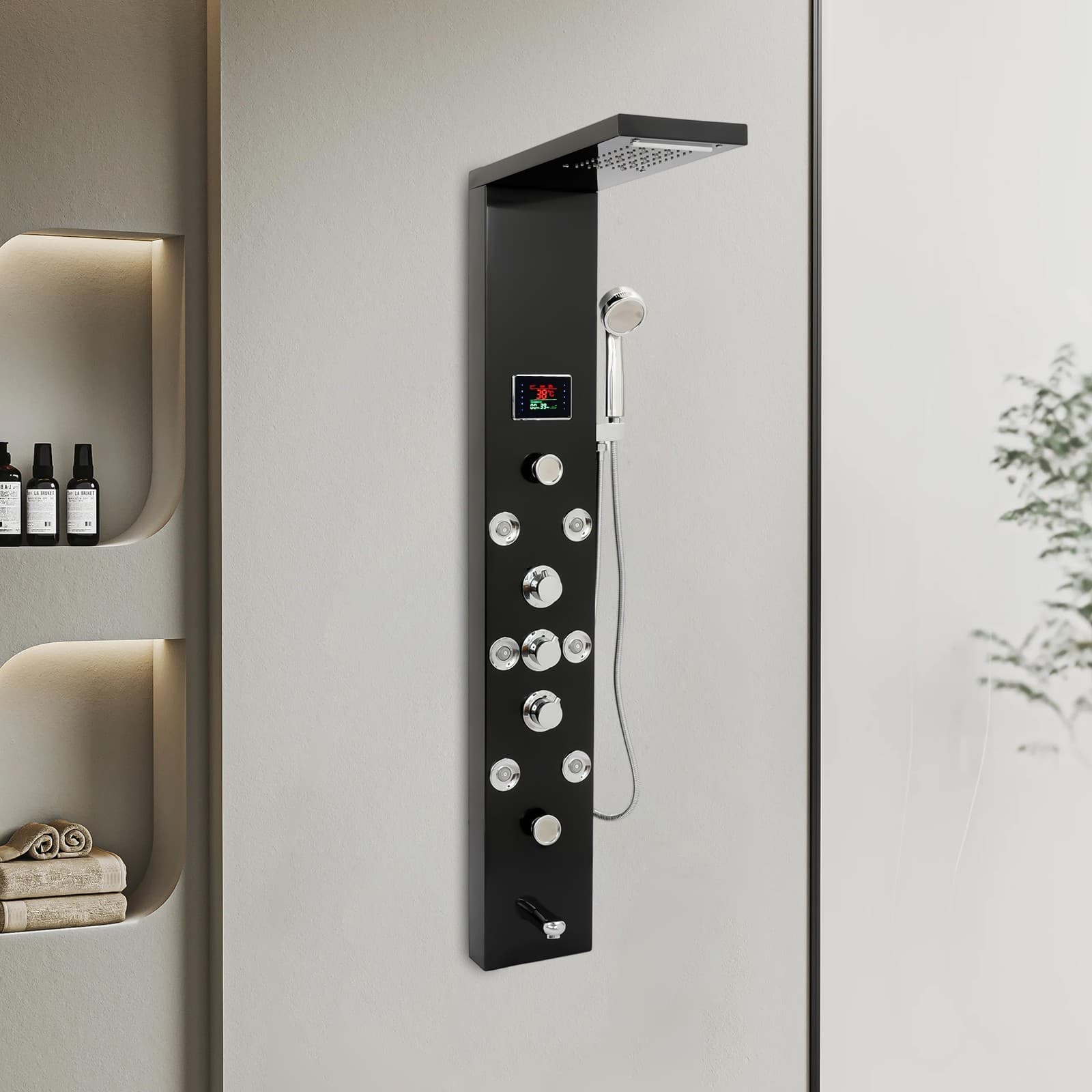 LED 3-Handle Shower Kit Shower Panel Tower System Rainfall Shower Head Waterfall 2