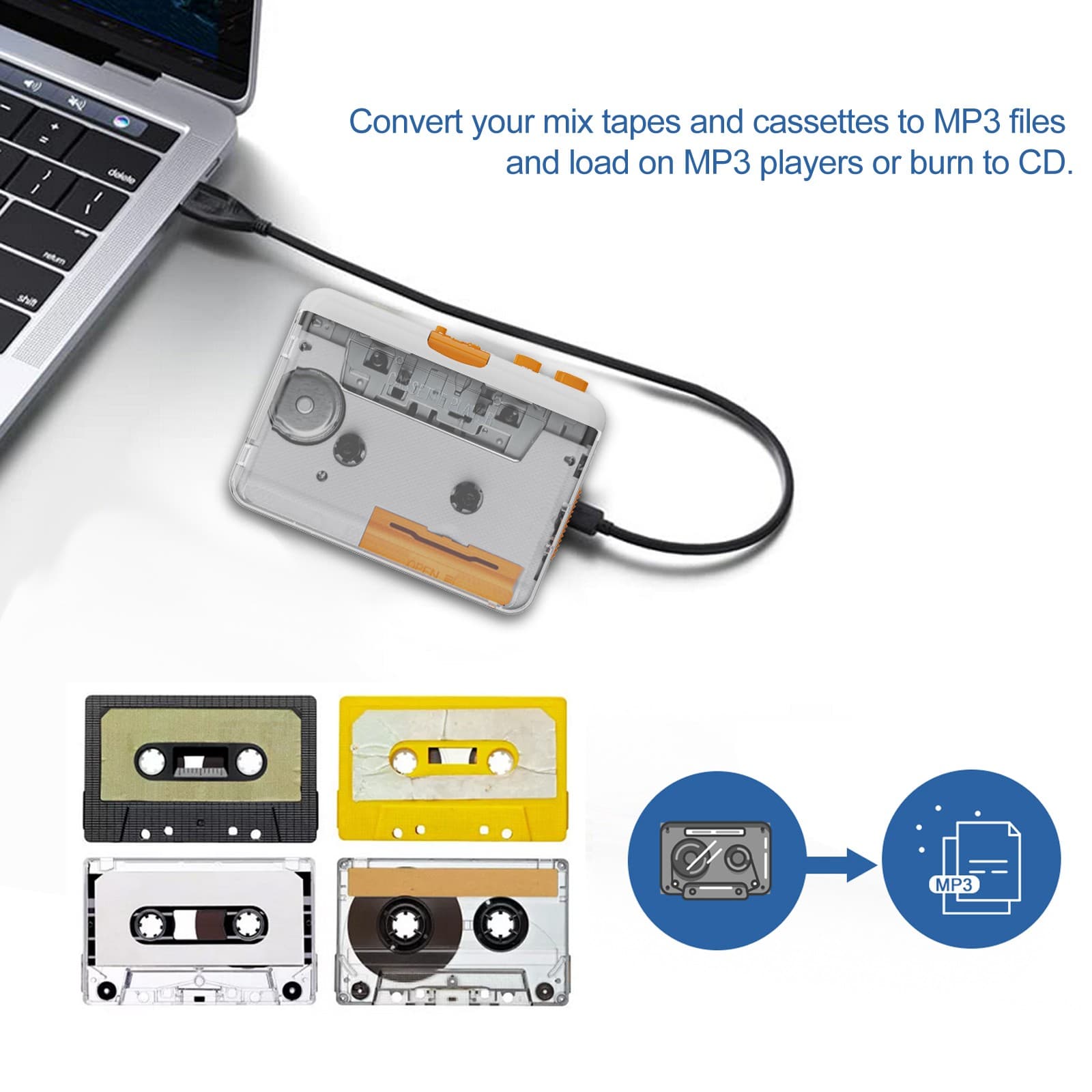 Cassette Tape Player Portable Converter Recorder Convert Tapes to Digital MP3 5