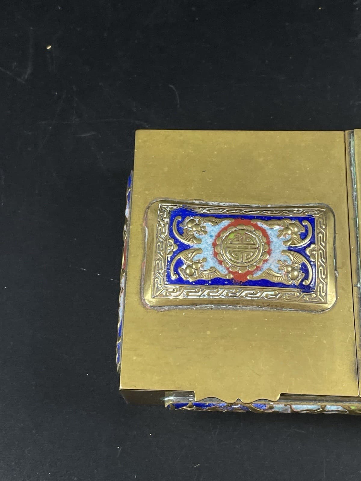 Vintage Chinese Brass & Enameled Stamp Jewelry Trinket Box Temple & Chinoiserie 3
