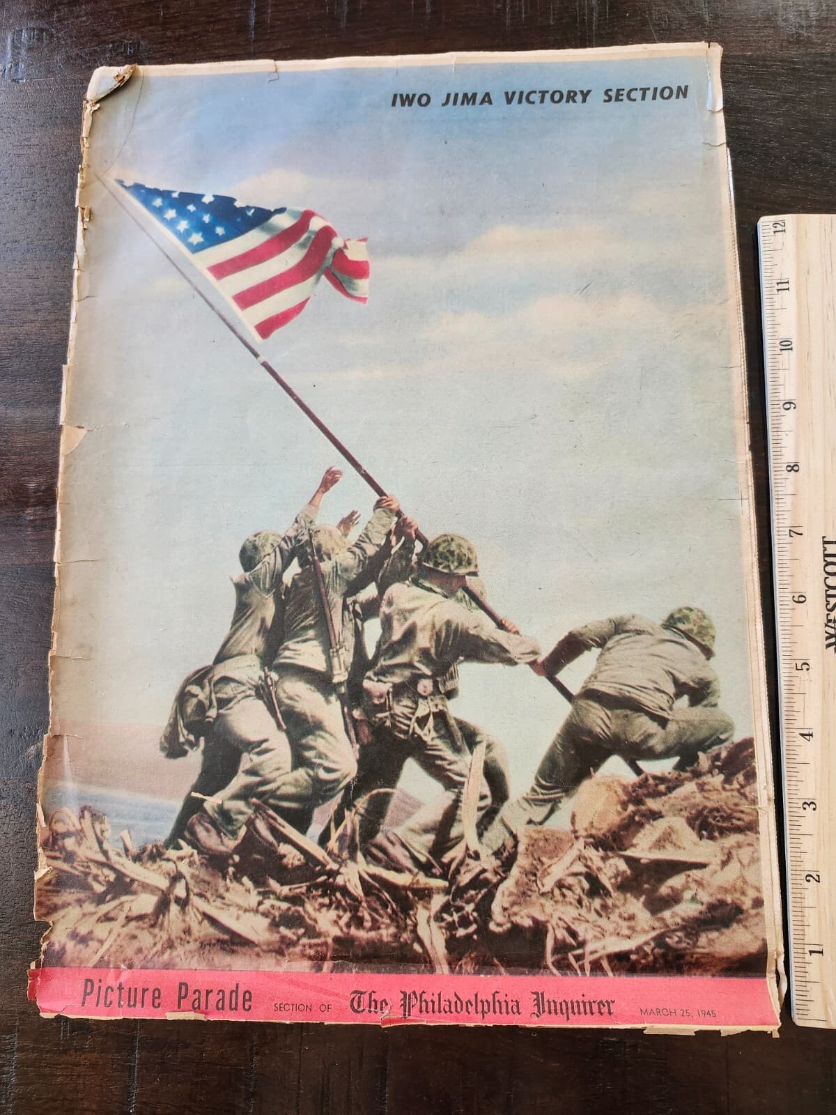1945 WWII Iwo Jima Flag Rasing Philadelphia Inquirer Full Color Picture Parade