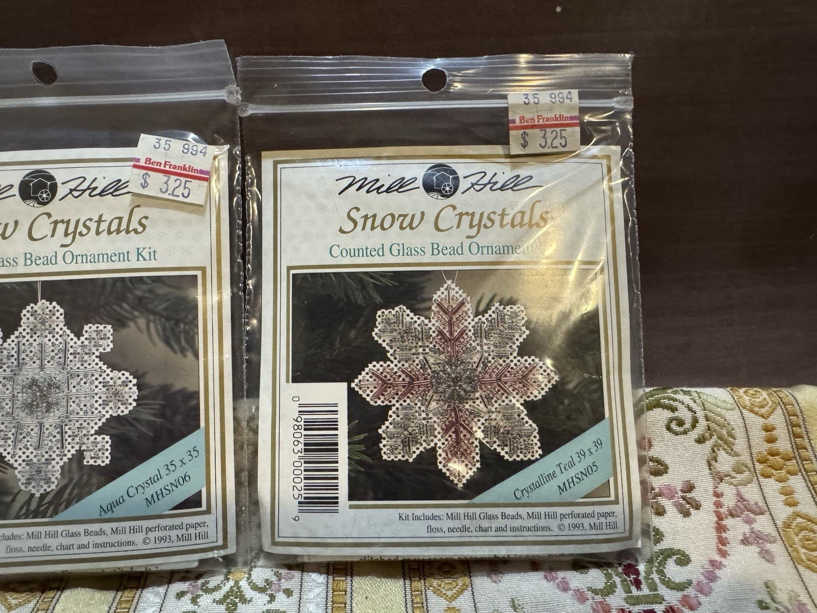 Mill Hill 1993 Snow Crystals Teal Aqua Counted Glass Bead Ornament LOT of 2 3