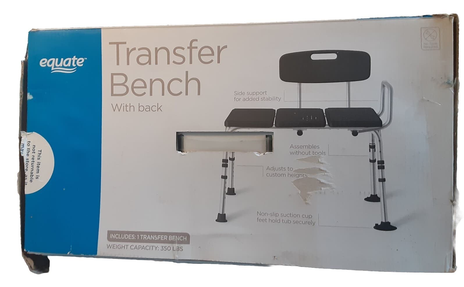 Equate Transfer Bench W/Back Rest, Shower Bench, Black, 350lb, Adjustable NIB  3