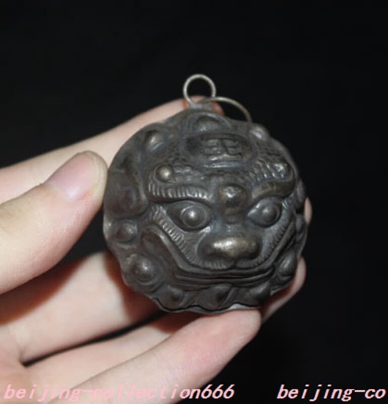 China bronze ward off evil spirits Fu Foo Dog Lion beast head Evil spirits Bells 2