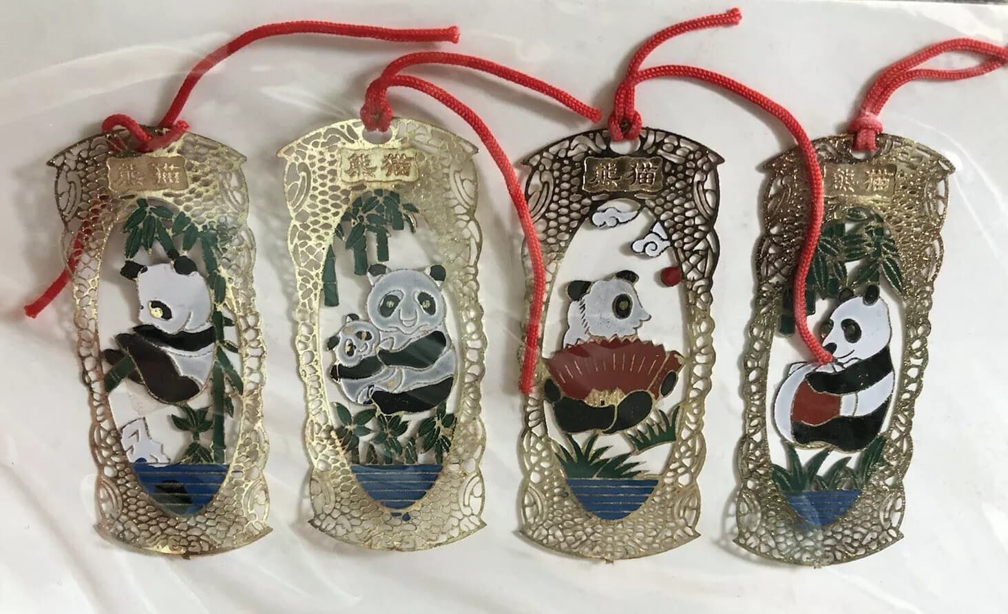 Oriental Asian Lot Of 4 Bookmarks W Panda Bears & Lucky Knot Wall Hanging VTG 3