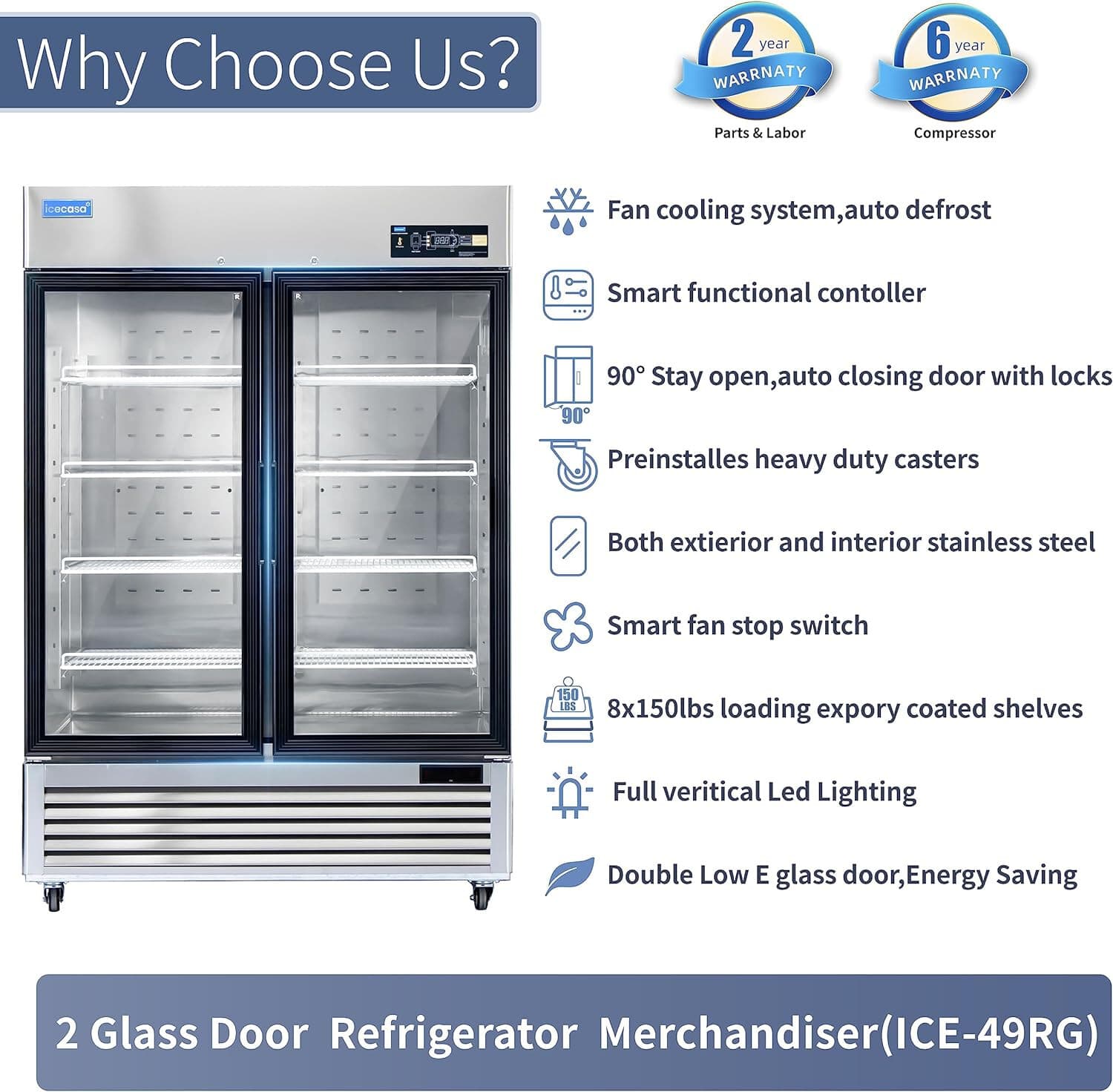 54" Commercial Glass Door Refrigerator, 2 Door Reach-In Merchandiser 49 Cu.ft 5