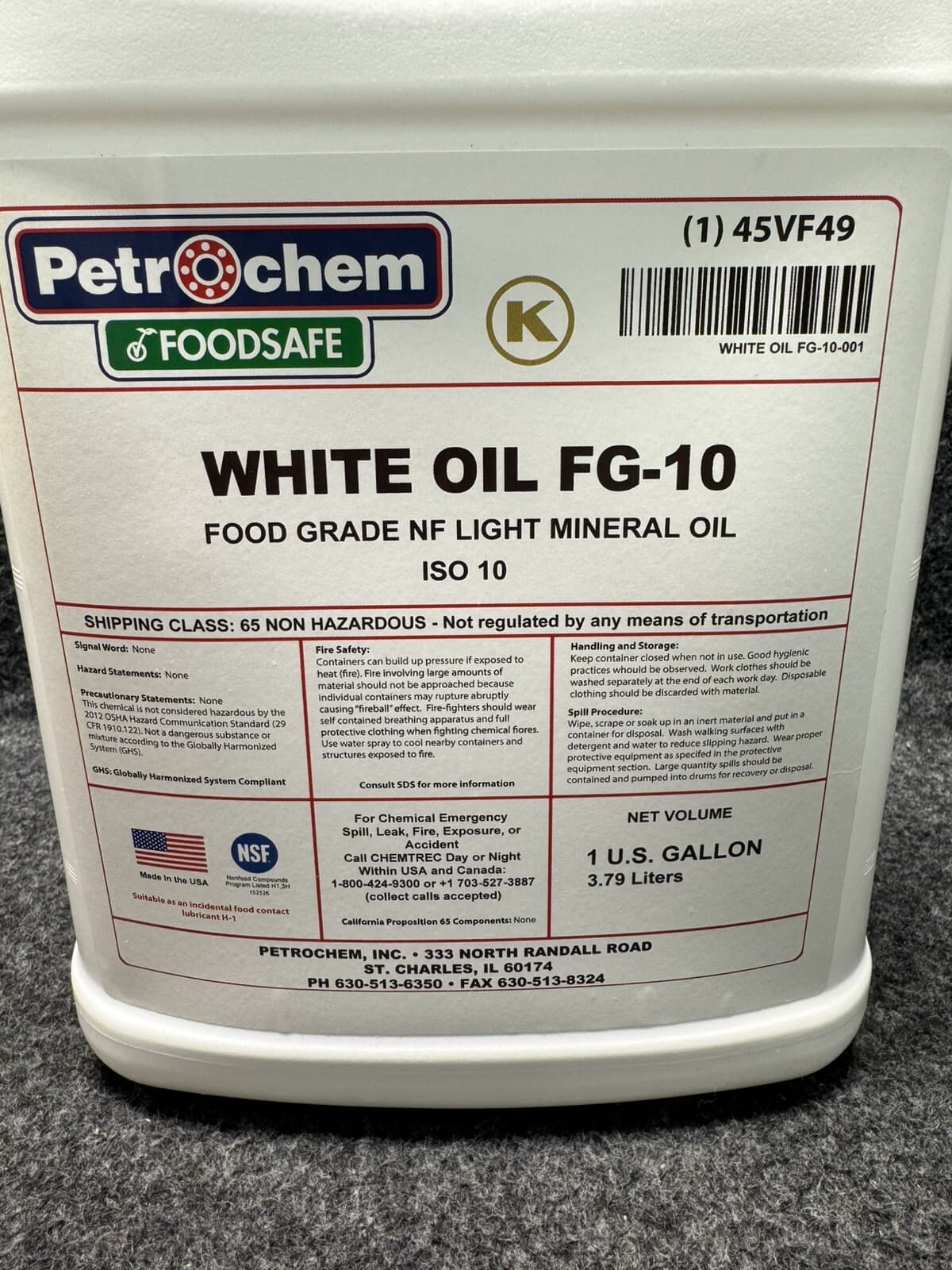 PETROCHEM White Oil FG-10 Hydraulic 1 Gallon Food Grade NF Light Mineral Oil 2