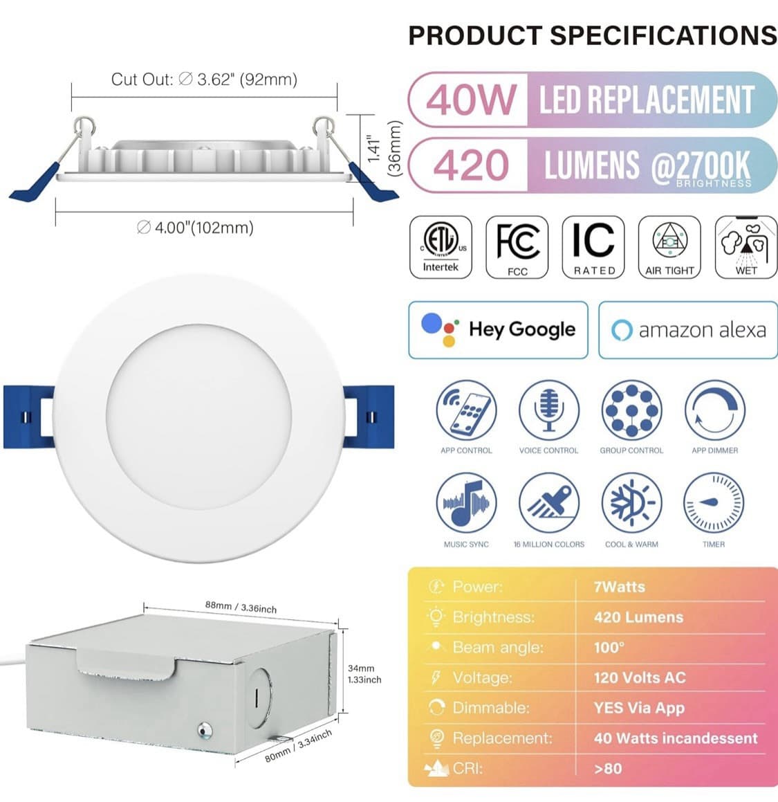 3" LED Recessed Canless Smart Wafer Downlight, WiFi APP & Voice Control 6