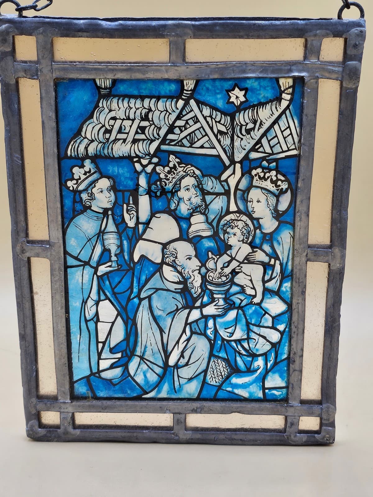 Small Stained Glass Image of the Magi greeting the Christ Child, Blue and Silver 2