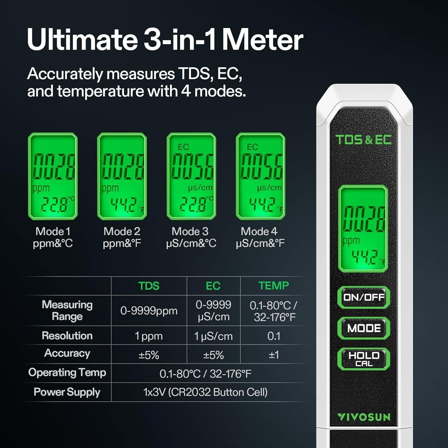 VIVOSUN TDS Meter, 3 in 1 TDS, EC & Temperature Meter,O/DI System, Swimming Pool 2
