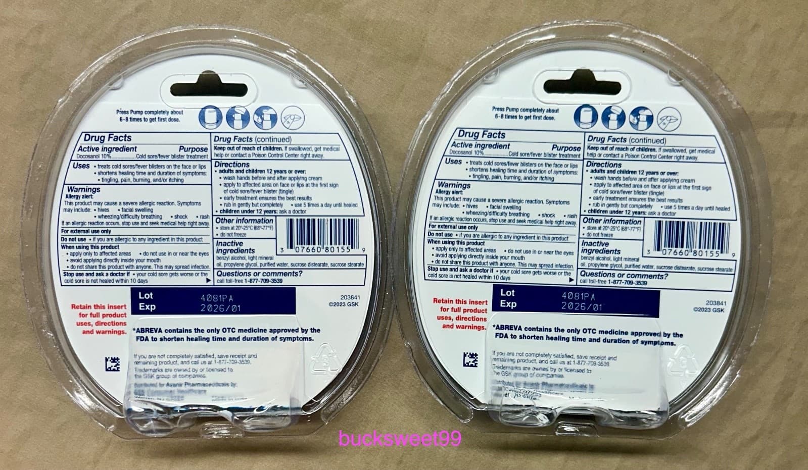 Abreva Cold Sore and Fever Blister Treatment Pump - 2g - EXP 1/26 - 2-PACK 2