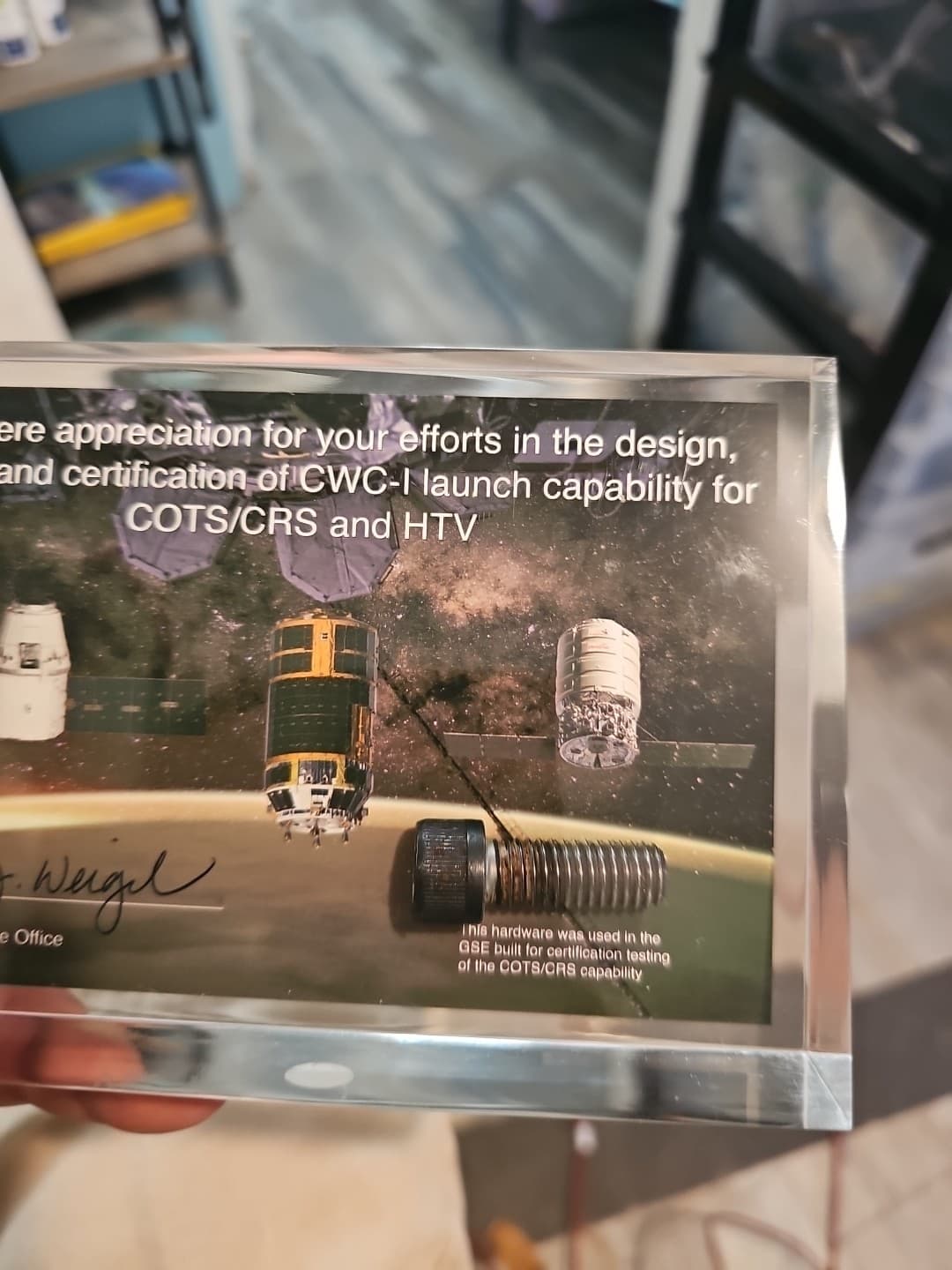 NASA ISS COTS/CRS & HTV Certification Plaque w/ Bolt Hardware – Dana Weigel Sign 2