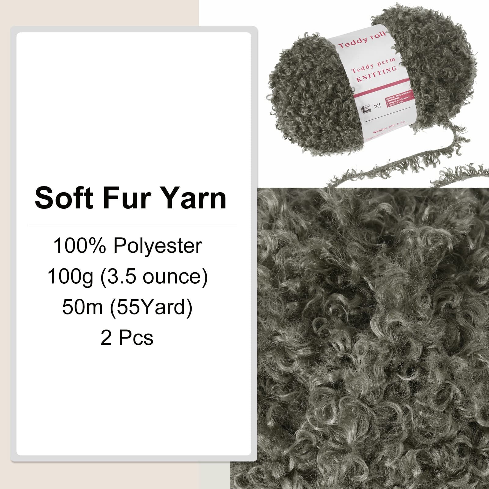 2pcs Fur Yarn Polyester Yarn Fluffy Chunky Yarn Deep Gray for Crocheting,50m 3