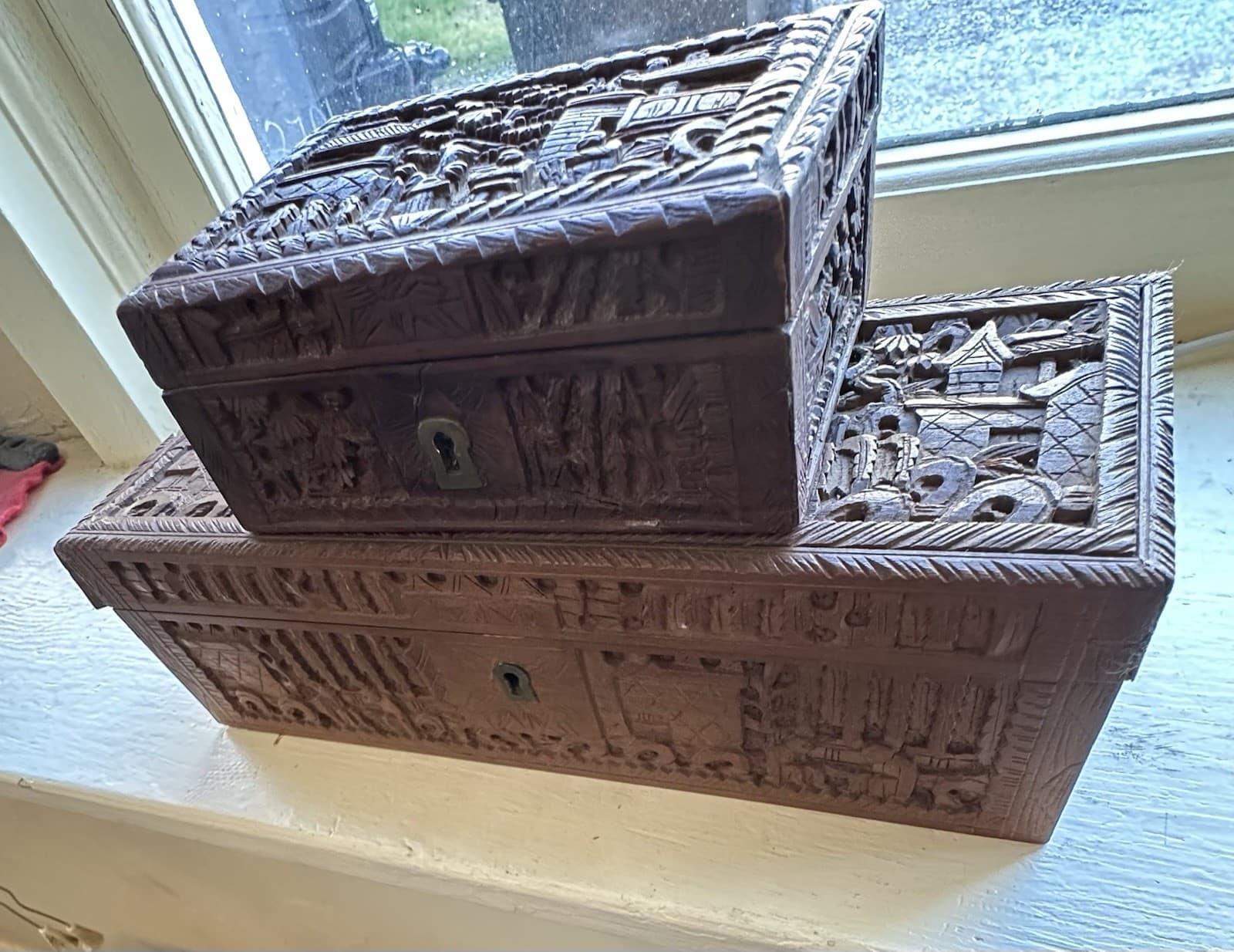 Pair Chinese Carved Wood Boxes “Noble Men in Courtyard” & “Scholars in Garden”
