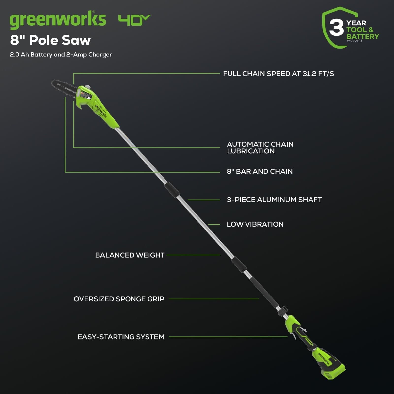 Greenworks 40V 8 inch Pole Saw (Max Reach 11Ft) with 2Ah Battery and 2A Charger 2