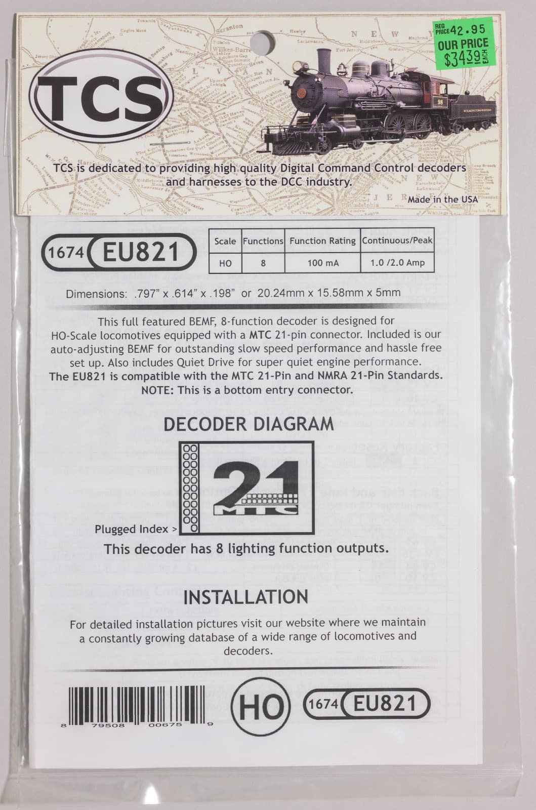 Train Control Systems TCS HO #1674 EU821 - MTC 21-Pin DCC Decoder - New 3