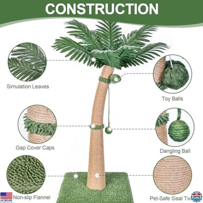 40'' Tall Cat Scratching Post Cat Tree, Curved Design Cat Scratcher Post with 3 2