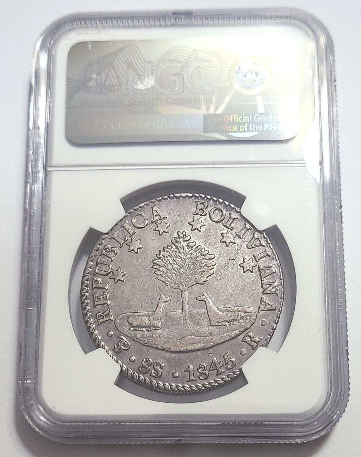 1845-PTS R BOLIVIA SILVER 8 SOLES NGC AU DETAILS 4