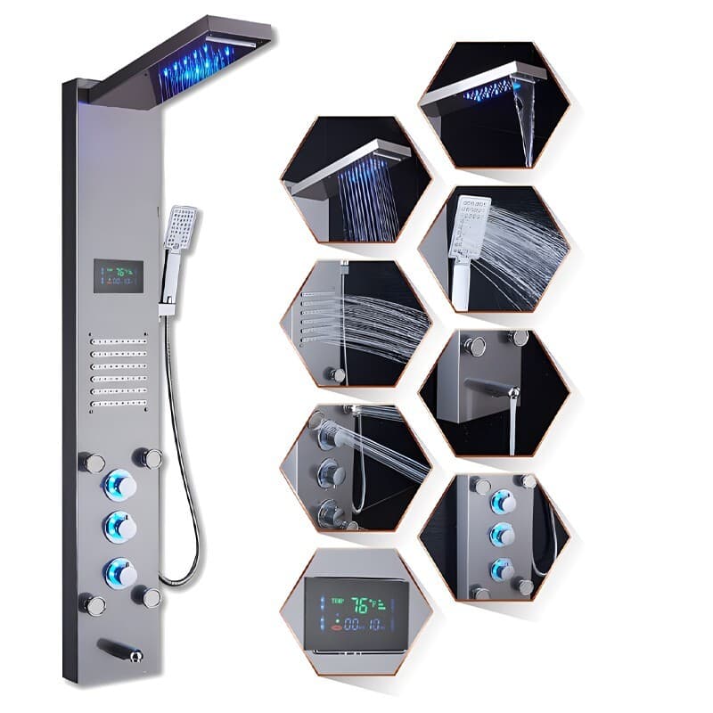 LED Rainfall 5in1 Shower Panel System W/Massage Jets&Hand Spray Stainless Steel