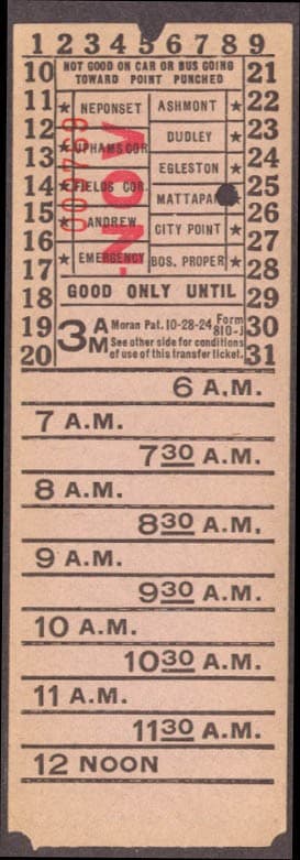 Boston Elevated Railway Mattapan punched transfer