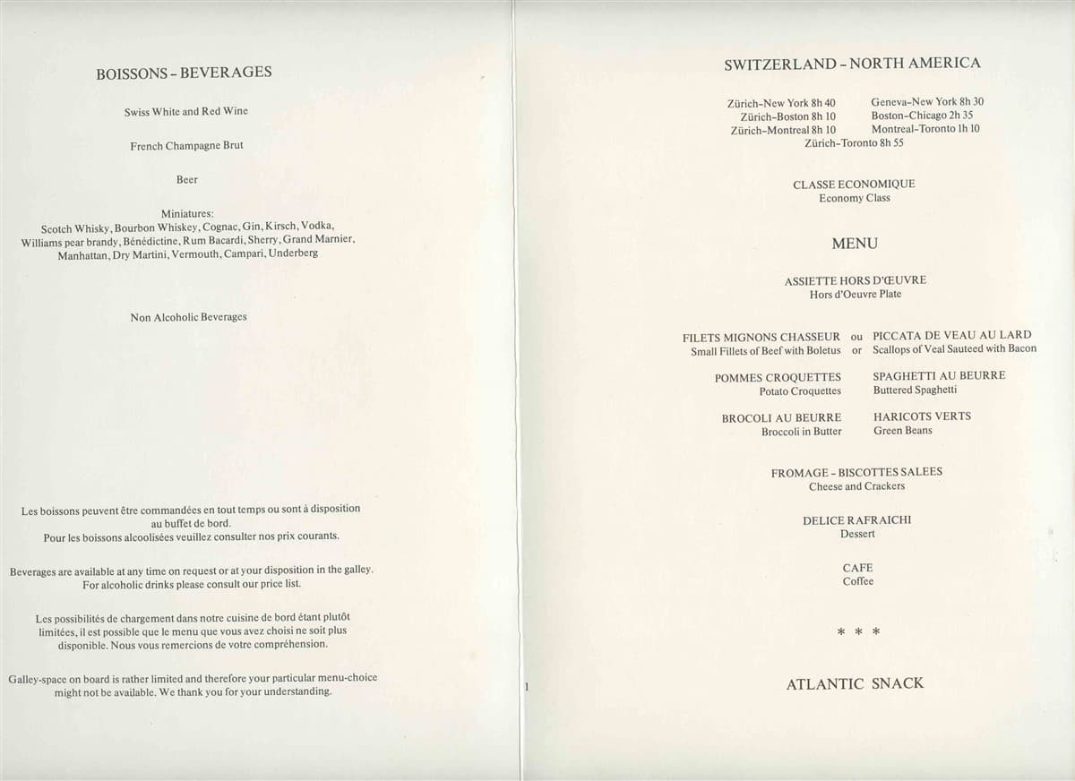 2 Swissair Economy Class Menus 1990's Switzerland North America Chestnut Cherry 5