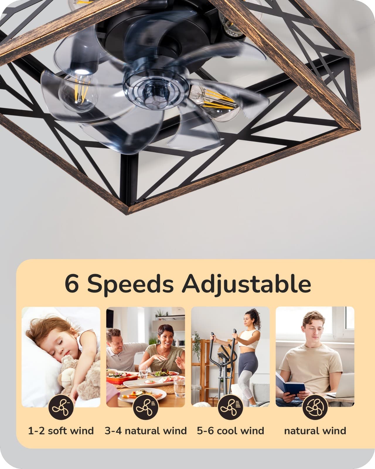 EDISHINE Caged Flush Mount Ceiling Fans with Lights and Remote, Dining Room 4