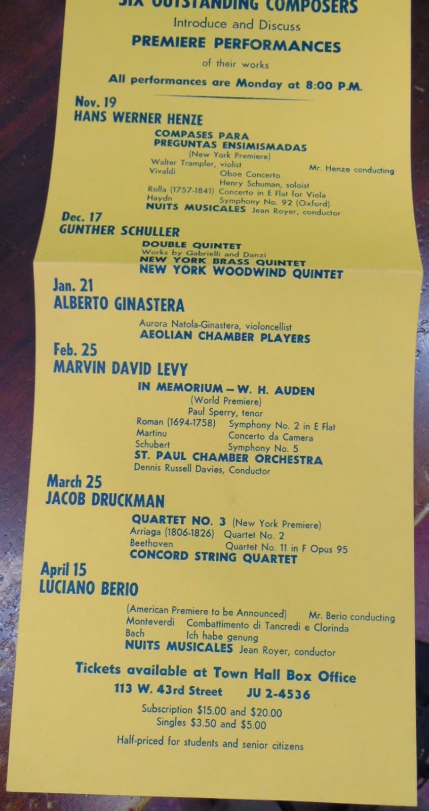 Hanging Calendar: Town Hall's "The Composer Speaks" '73/'74 Henze, Berio, et al 3