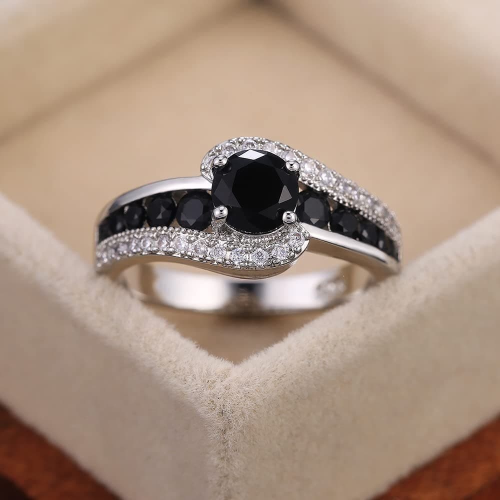 S925 Sterling Silver Black Onyx Engagement Ring Black Ladies Ring Moissanite 4
