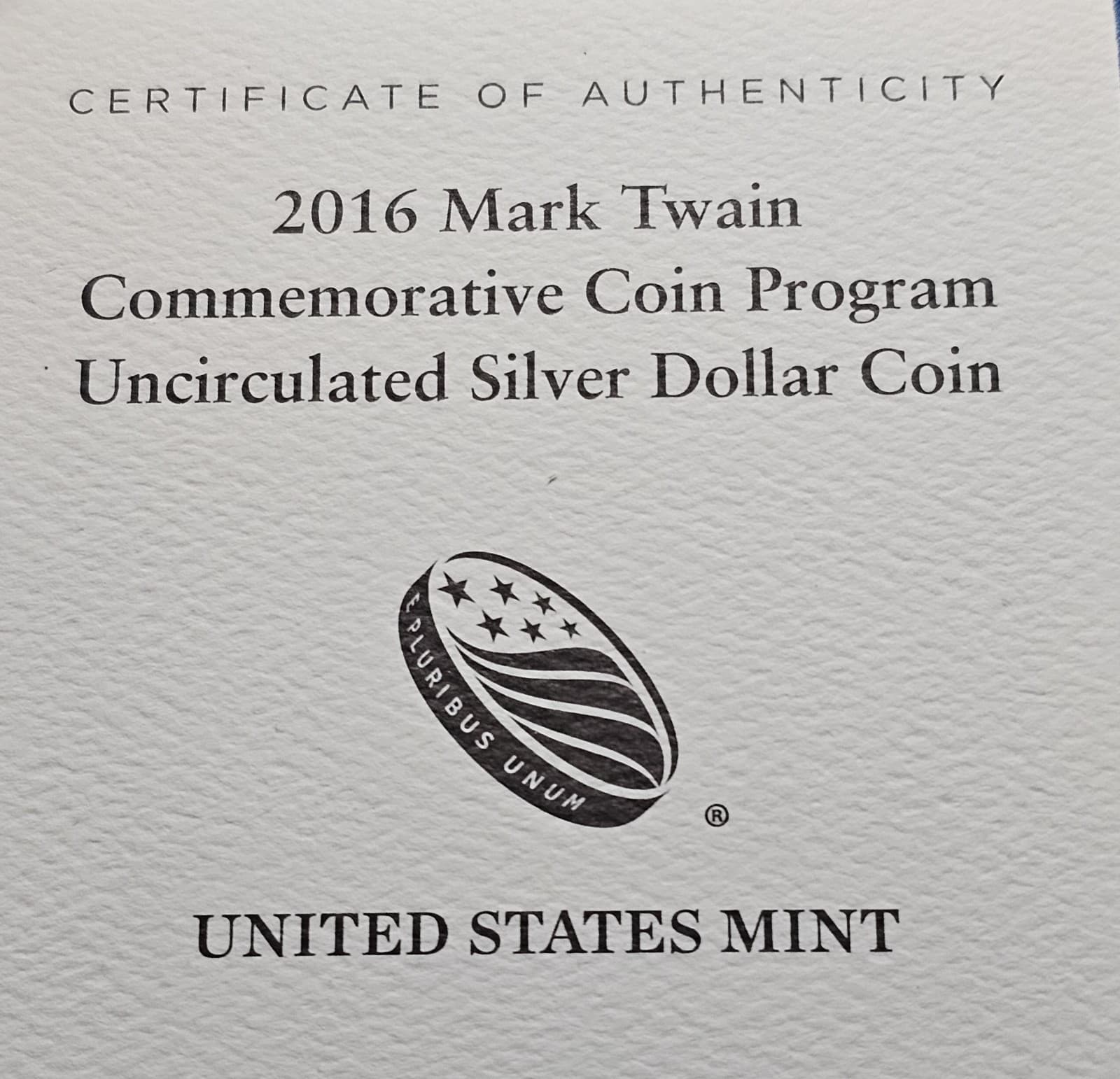 2016 P US Mint Mark Twain Commemorative BU Silver Dollar OGP & COA 4