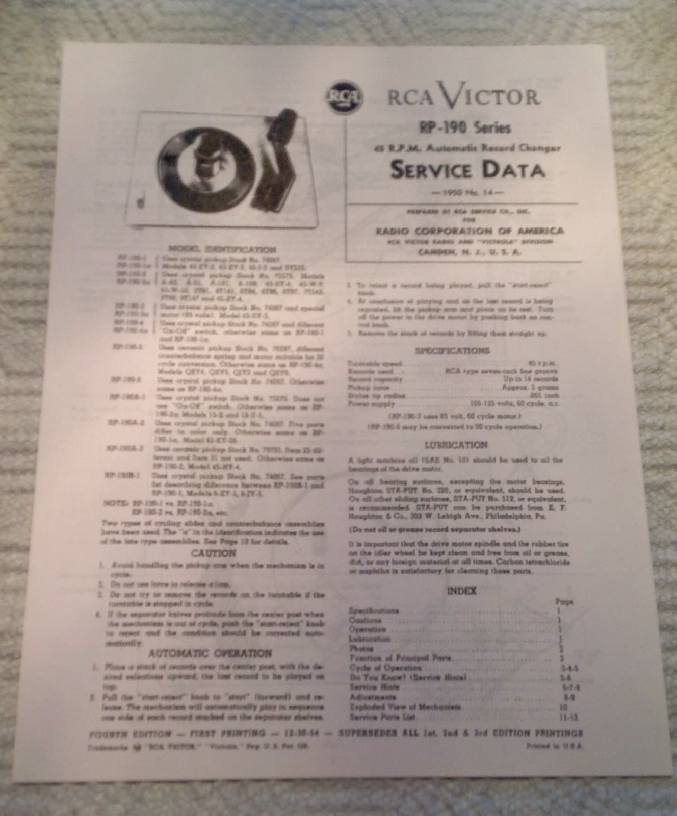 RCA VICTOR RP190 45 RPM Record Changer Manual