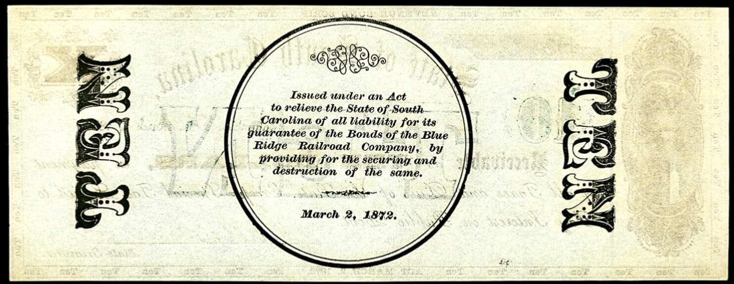 March 2, 1872 Columbia State Of South Carolina $10 Revenue Bond Scrip Obsolete 2