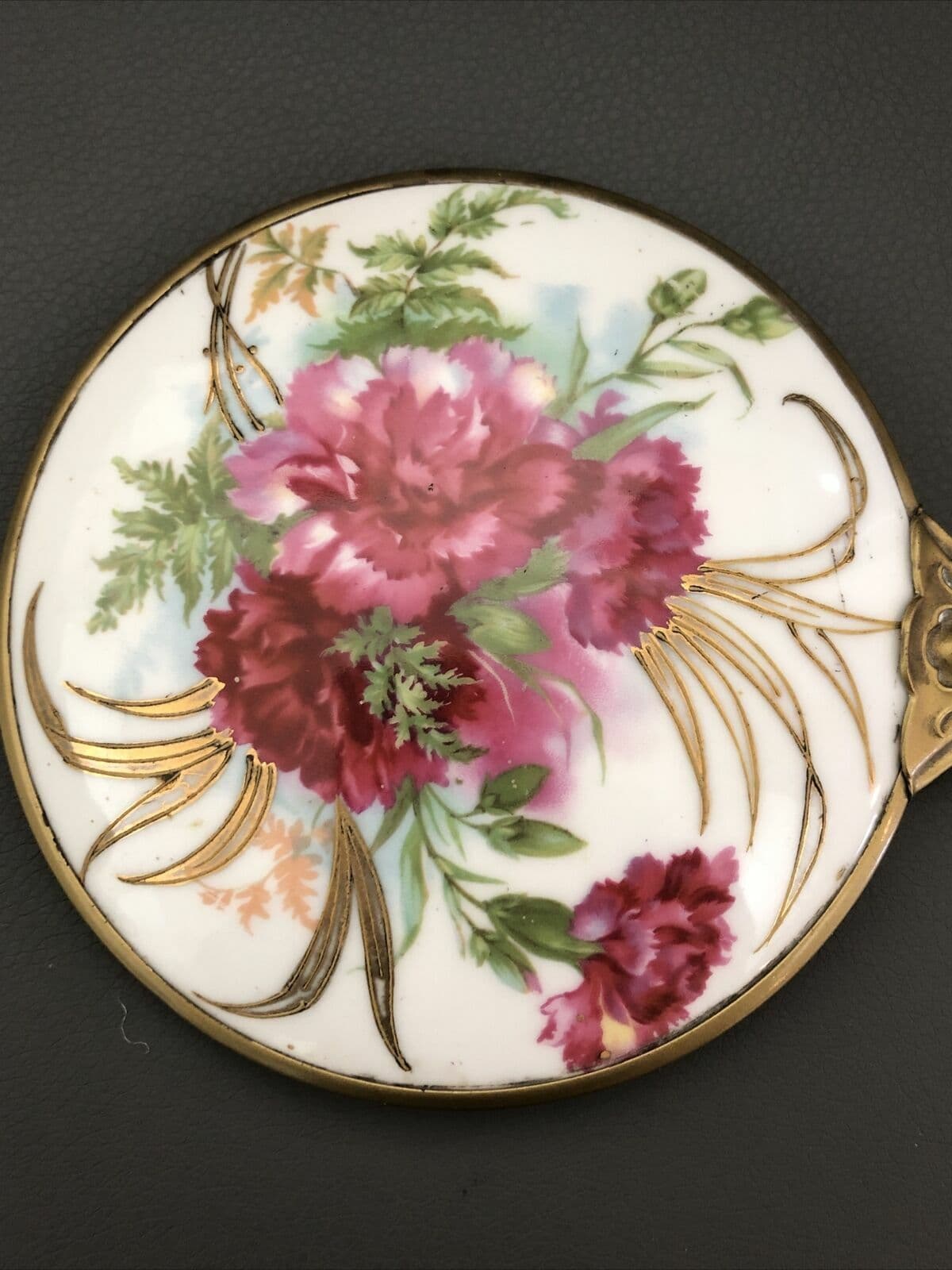 Art Noveau Antique Brush Hand Mirror Comb Set 1905 Porcelain Roses Gold Tone 5