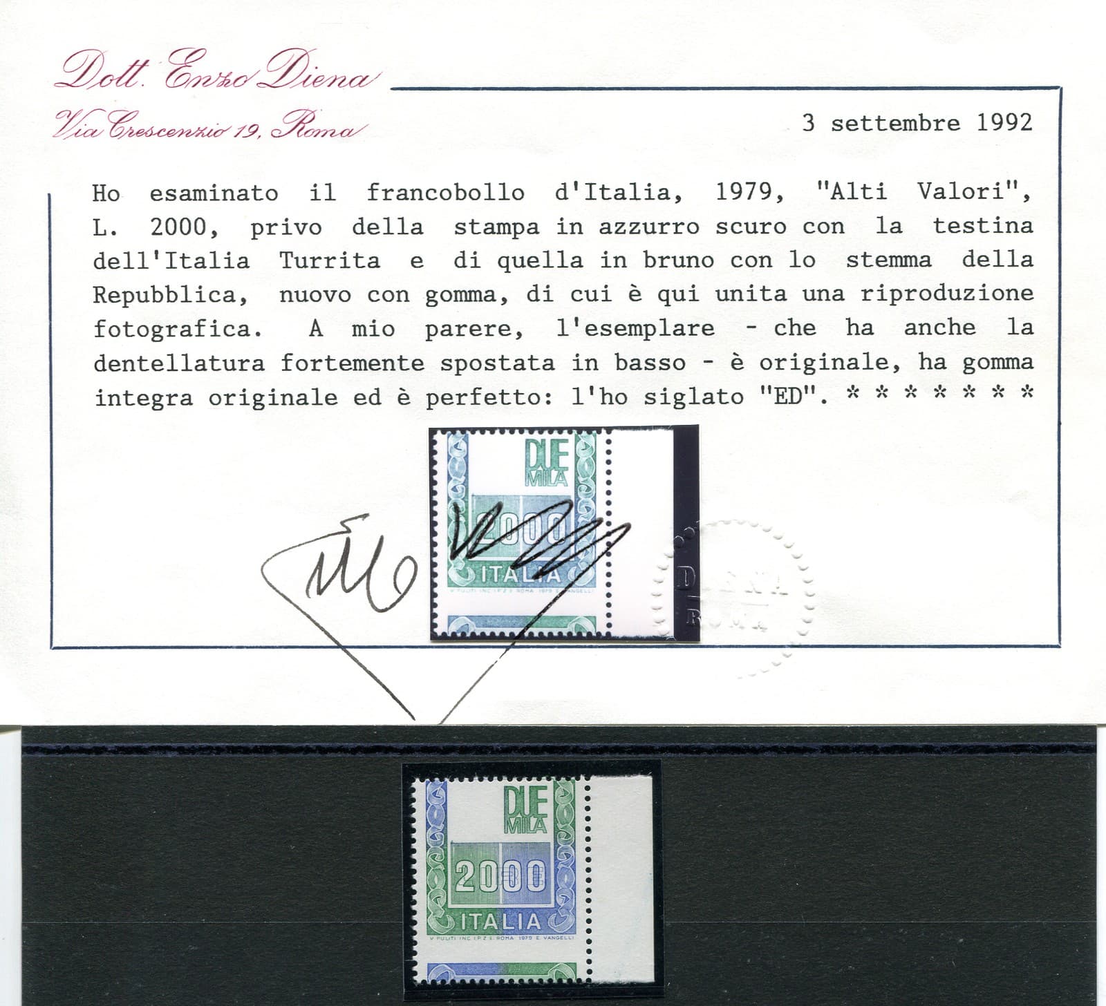 High Values Lire 2,000 Varieties Shifted Notching