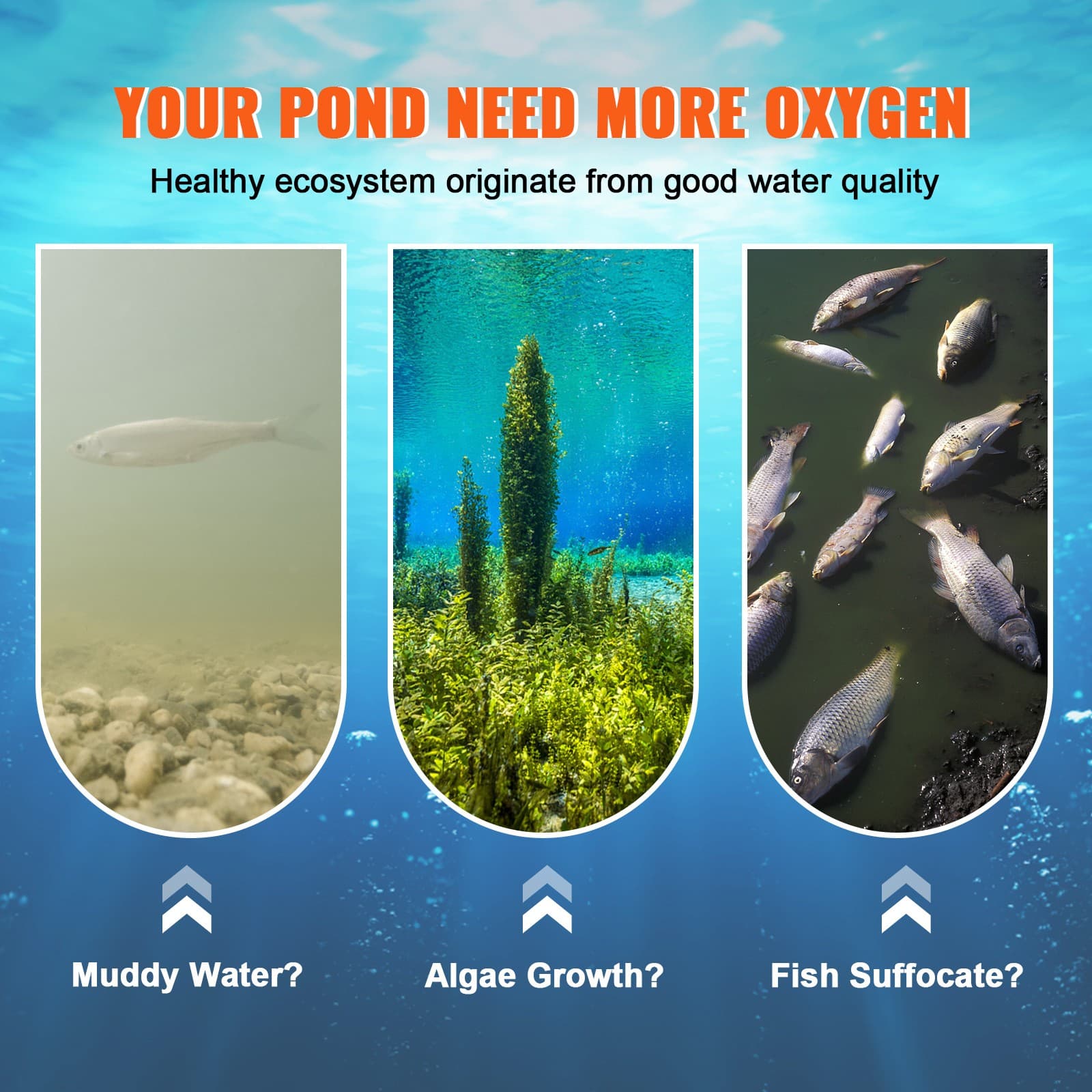 Pond Aerator Lake Pond Aeration Kit 3/4 HP w/ 2x100' Tubes 2x8" Diffusers 2