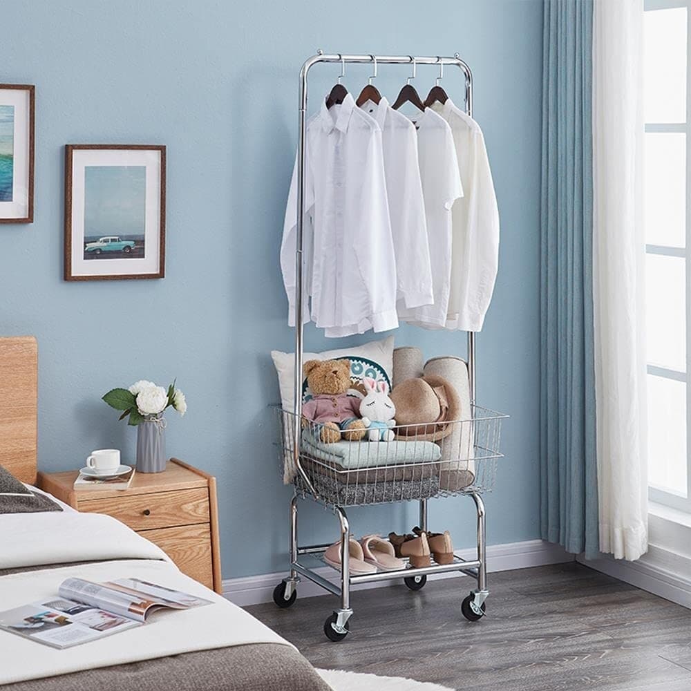 Heavy duty Garment Organizer Laundry Cart With Storage Basket Double Pole Rack 2