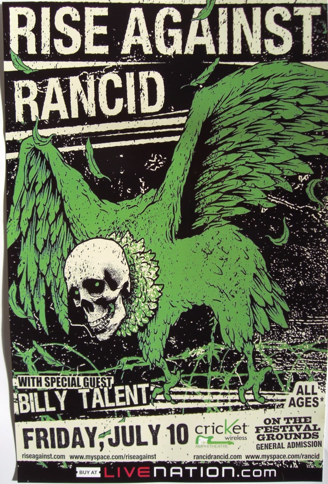 RISE AGAINST / RANCID 2009 SAN DIEGO CONCERT TOUR POSTER - Skull Head On Eagle