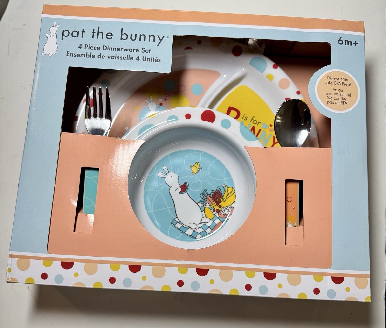Child’s 4 Pc Melamine Dinnerware Set Pat the Bunny Plate, Bowl, Fork & Spoon NIB