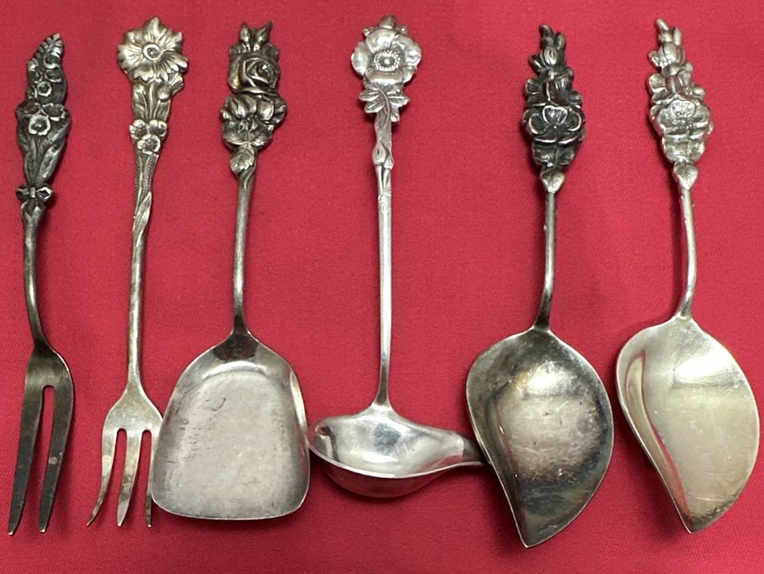 6 Pc 1964 HARLEQUIN Silverplated FORKS SHOVEL LADLE SERVER Mix by Reed & Barton